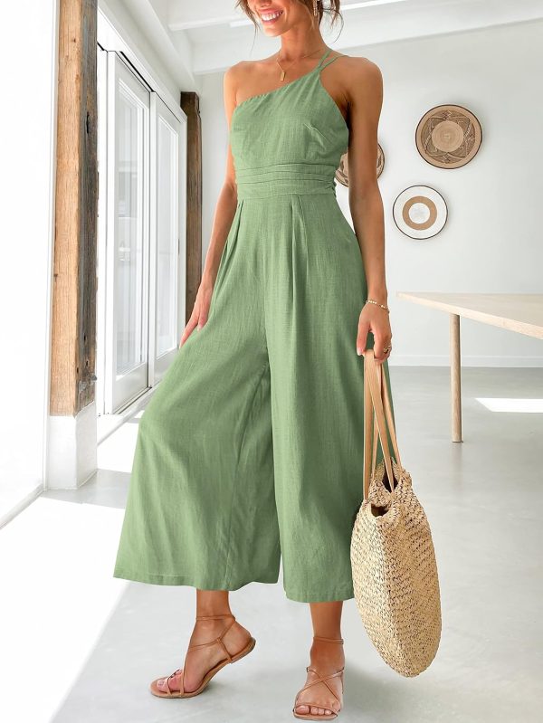 ANRABESS Women's Summer Straps One Shoulder High Waist Dressy Casual Wide Leg Linen Jumpsuit Romper Beach Travel Outfits - Image 57