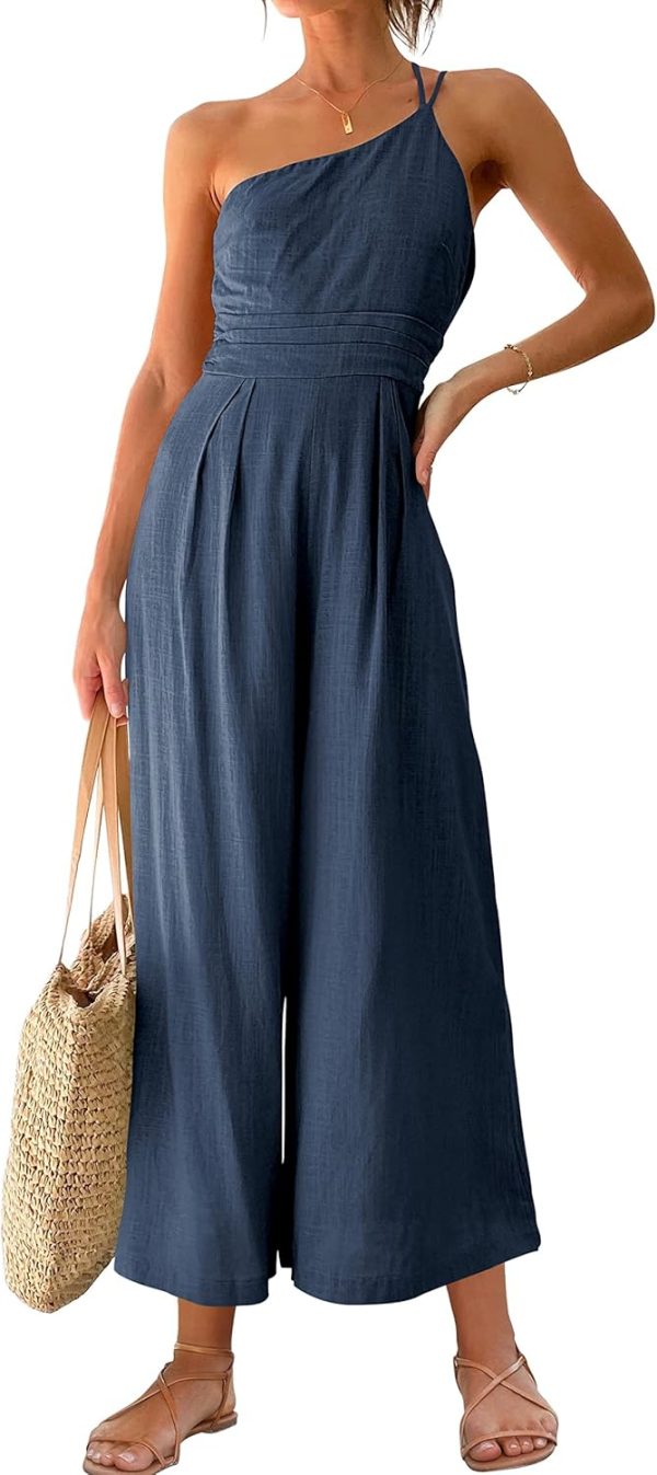 ANRABESS Women's Summer Straps One Shoulder High Waist Dressy Casual Wide Leg Linen Jumpsuit Romper Beach Travel Outfits - Image 62