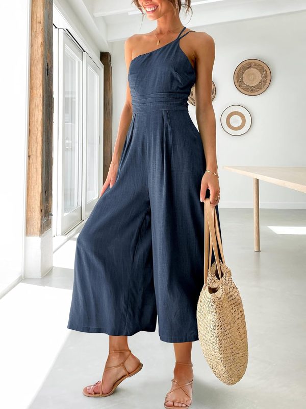 ANRABESS Women's Summer Straps One Shoulder High Waist Dressy Casual Wide Leg Linen Jumpsuit Romper Beach Travel Outfits - Image 63