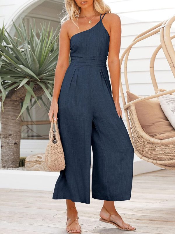 ANRABESS Women's Summer Straps One Shoulder High Waist Dressy Casual Wide Leg Linen Jumpsuit Romper Beach Travel Outfits - Image 65