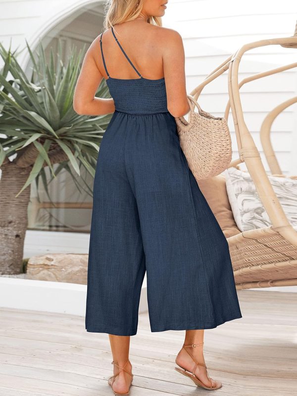 ANRABESS Women's Summer Straps One Shoulder High Waist Dressy Casual Wide Leg Linen Jumpsuit Romper Beach Travel Outfits - Image 67