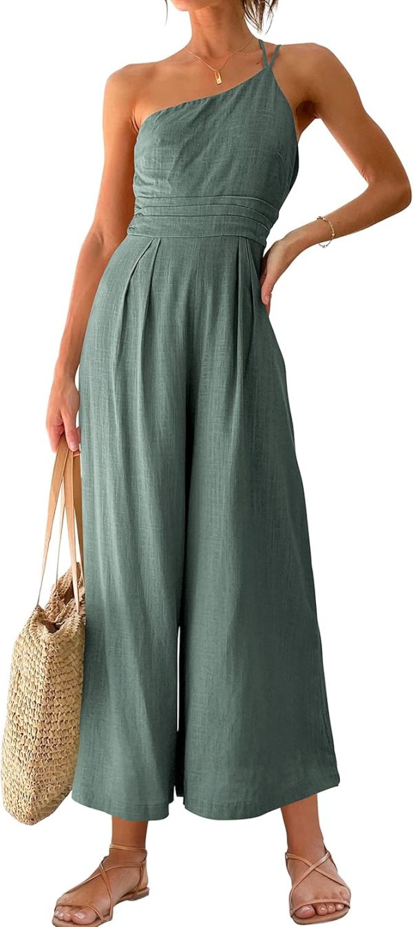 ANRABESS Women's Summer Straps One Shoulder High Waist Dressy Casual Wide Leg Linen Jumpsuit Romper Beach Travel Outfits - Image 68