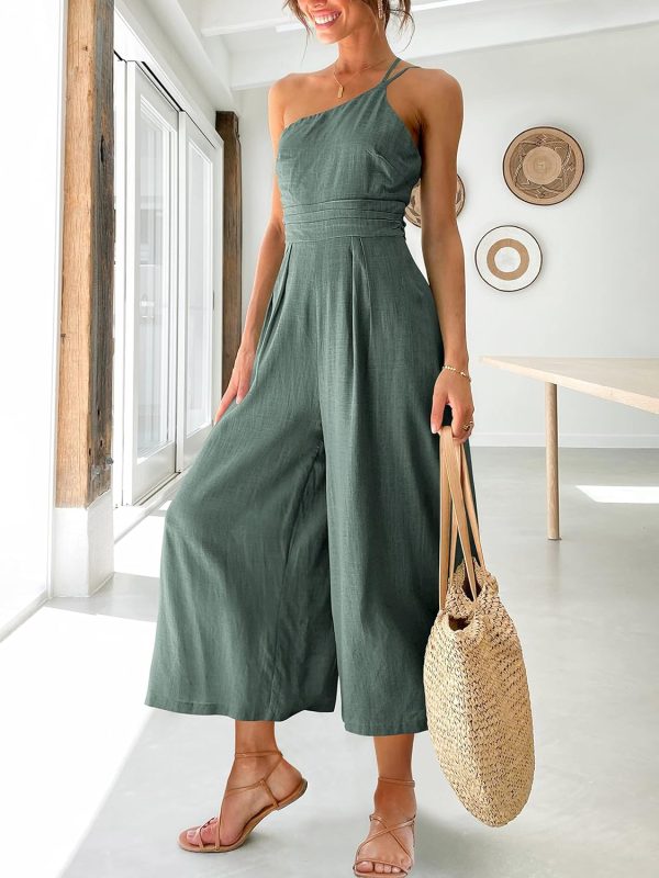 ANRABESS Women's Summer Straps One Shoulder High Waist Dressy Casual Wide Leg Linen Jumpsuit Romper Beach Travel Outfits - Image 69