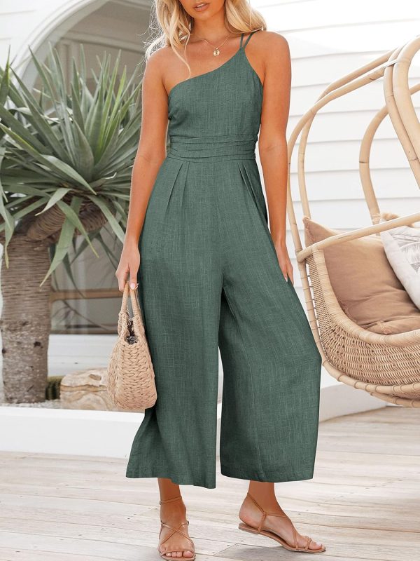 ANRABESS Women's Summer Straps One Shoulder High Waist Dressy Casual Wide Leg Linen Jumpsuit Romper Beach Travel Outfits - Image 71