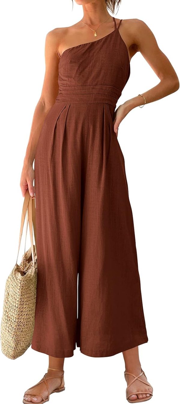 ANRABESS Women's Summer Straps One Shoulder High Waist Dressy Casual Wide Leg Linen Jumpsuit Romper Beach Travel Outfits - Image 74