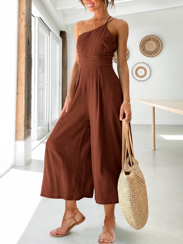 ANRABESS Women's Summer Straps One Shoulder High Waist Dressy Casual Wide Leg Linen Jumpsuit Romper Beach Travel Outfits - Image 75