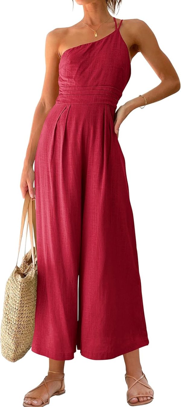 ANRABESS Women's Summer Straps One Shoulder High Waist Dressy Casual Wide Leg Linen Jumpsuit Romper Beach Travel Outfits - Image 79