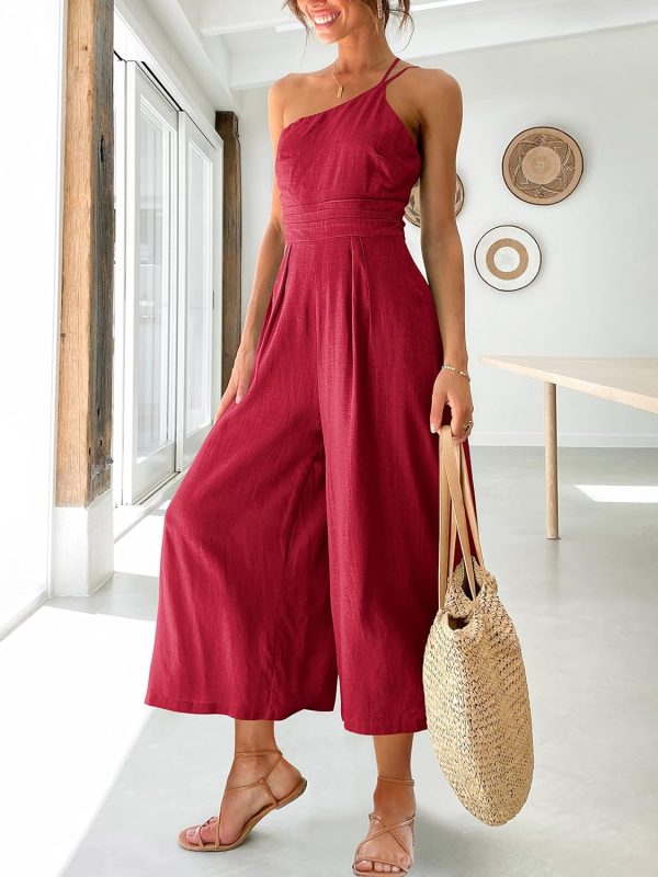 ANRABESS Women's Summer Straps One Shoulder High Waist Dressy Casual Wide Leg Linen Jumpsuit Romper Beach Travel Outfits - Image 80