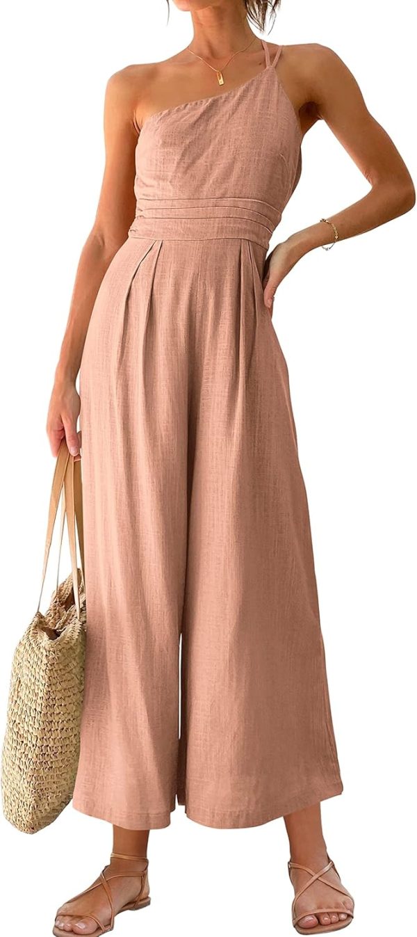 ANRABESS Women's Summer Straps One Shoulder High Waist Dressy Casual Wide Leg Linen Jumpsuit Romper Beach Travel Outfits - Image 85