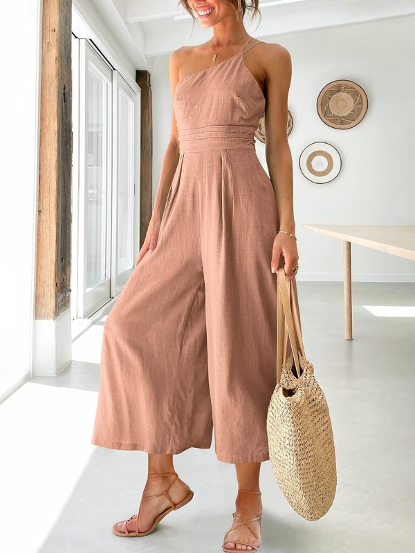 ANRABESS Women's Summer Straps One Shoulder High Waist Dressy Casual Wide Leg Linen Jumpsuit Romper Beach Travel Outfits - Image 86