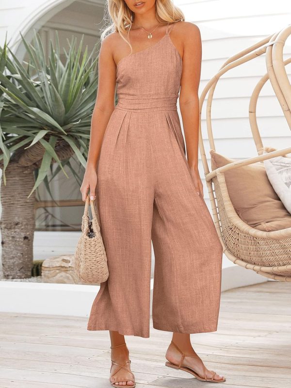 ANRABESS Women's Summer Straps One Shoulder High Waist Dressy Casual Wide Leg Linen Jumpsuit Romper Beach Travel Outfits - Image 88