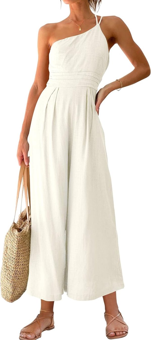 ANRABESS Women's Summer Straps One Shoulder High Waist Dressy Casual Wide Leg Linen Jumpsuit Romper Beach Travel Outfits - Image 91