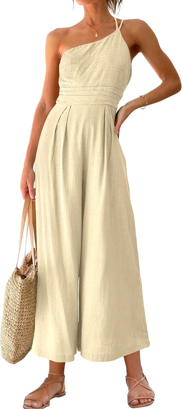 ANRABESS Women's Summer Straps One Shoulder High Waist Dressy Casual Wide Leg Linen Jumpsuit Romper Beach Travel Outfits - Image 97