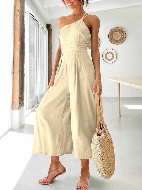 ANRABESS Women's Summer Straps One Shoulder High Waist Dressy Casual Wide Leg Linen Jumpsuit Romper Beach Travel Outfits - Image 98