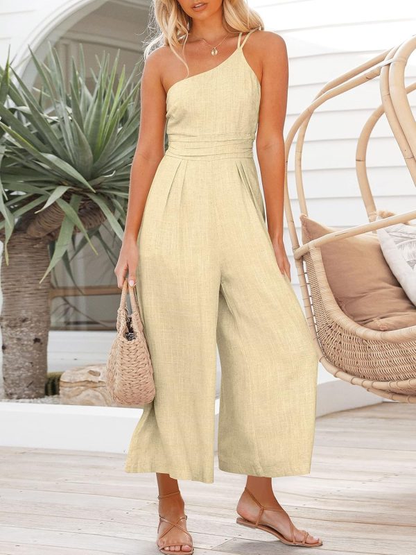 ANRABESS Women's Summer Straps One Shoulder High Waist Dressy Casual Wide Leg Linen Jumpsuit Romper Beach Travel Outfits - Image 100