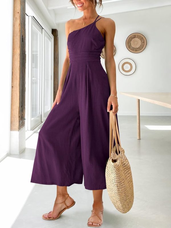 ANRABESS Women's Summer Straps One Shoulder High Waist Dressy Casual Wide Leg Linen Jumpsuit Romper Beach Travel Outfits - Image 104