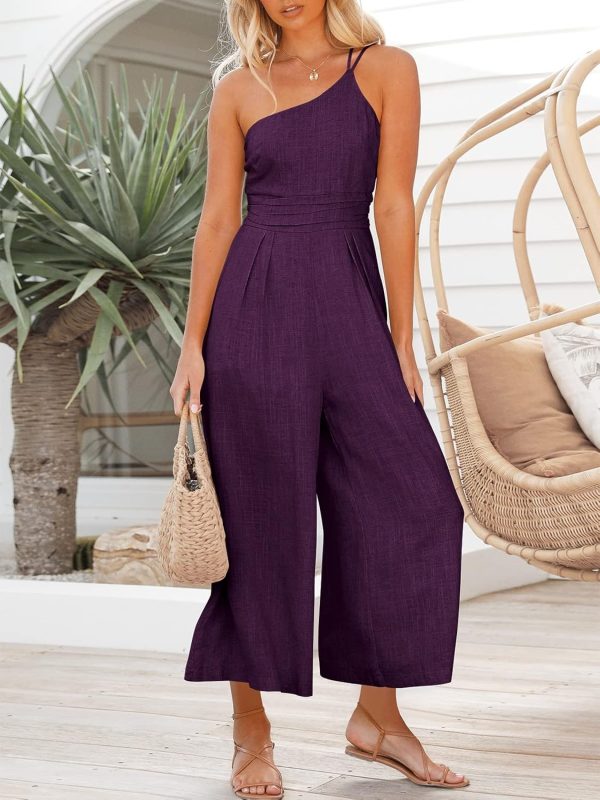 ANRABESS Women's Summer Straps One Shoulder High Waist Dressy Casual Wide Leg Linen Jumpsuit Romper Beach Travel Outfits - Image 106