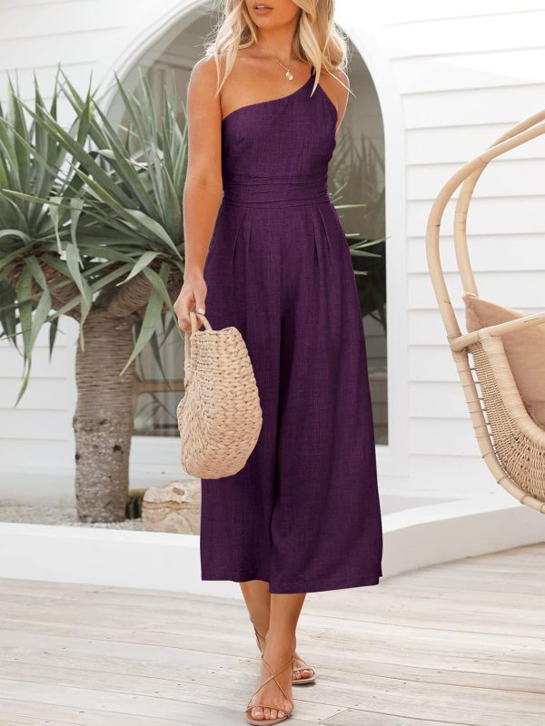 ANRABESS Women's Summer Straps One Shoulder High Waist Dressy Casual Wide Leg Linen Jumpsuit Romper Beach Travel Outfits - Image 107