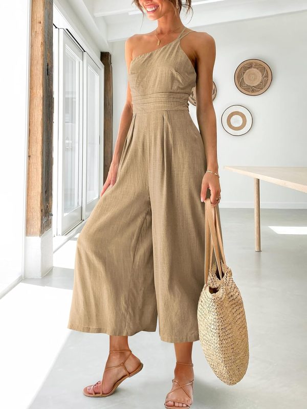 ANRABESS Women's Summer Straps One Shoulder High Waist Dressy Casual Wide Leg Linen Jumpsuit Romper Beach Travel Outfits - Image 116