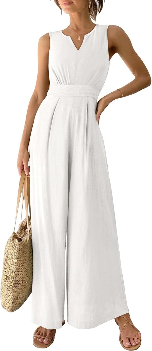 ANRABESS Jumpsuits for Women Summer Dressy Casual Linen Romper Sleeveless V Neck High Waist Wide Leg Beach Vacation Outfits