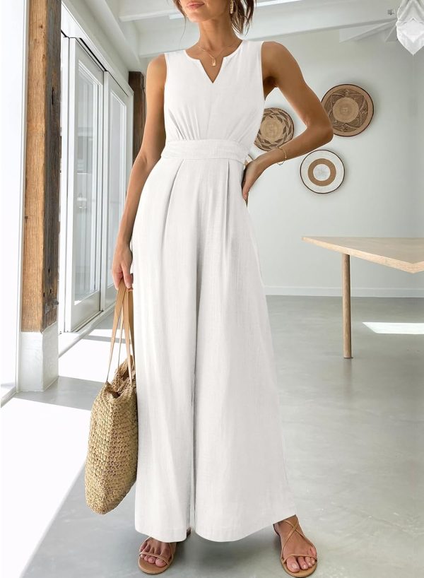 ANRABESS Jumpsuits for Women Summer Dressy Casual Linen Romper Sleeveless V Neck High Waist Wide Leg Beach Vacation Outfits - Image 2