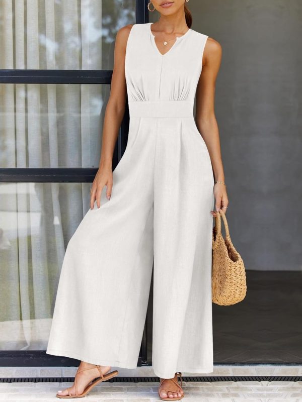 ANRABESS Jumpsuits for Women Summer Dressy Casual Linen Romper Sleeveless V Neck High Waist Wide Leg Beach Vacation Outfits - Image 3