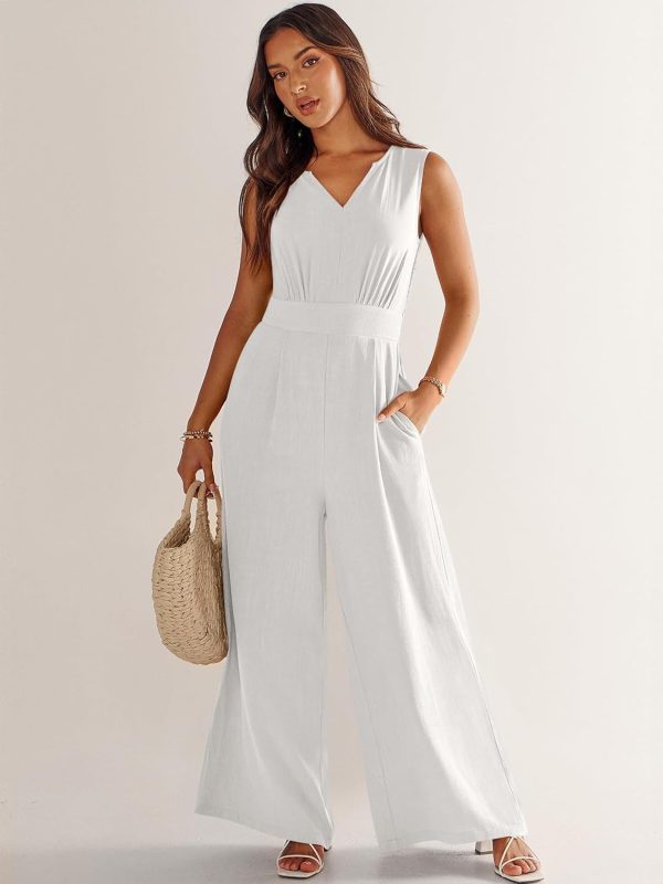ANRABESS Jumpsuits for Women Summer Dressy Casual Linen Romper Sleeveless V Neck High Waist Wide Leg Beach Vacation Outfits - Image 8