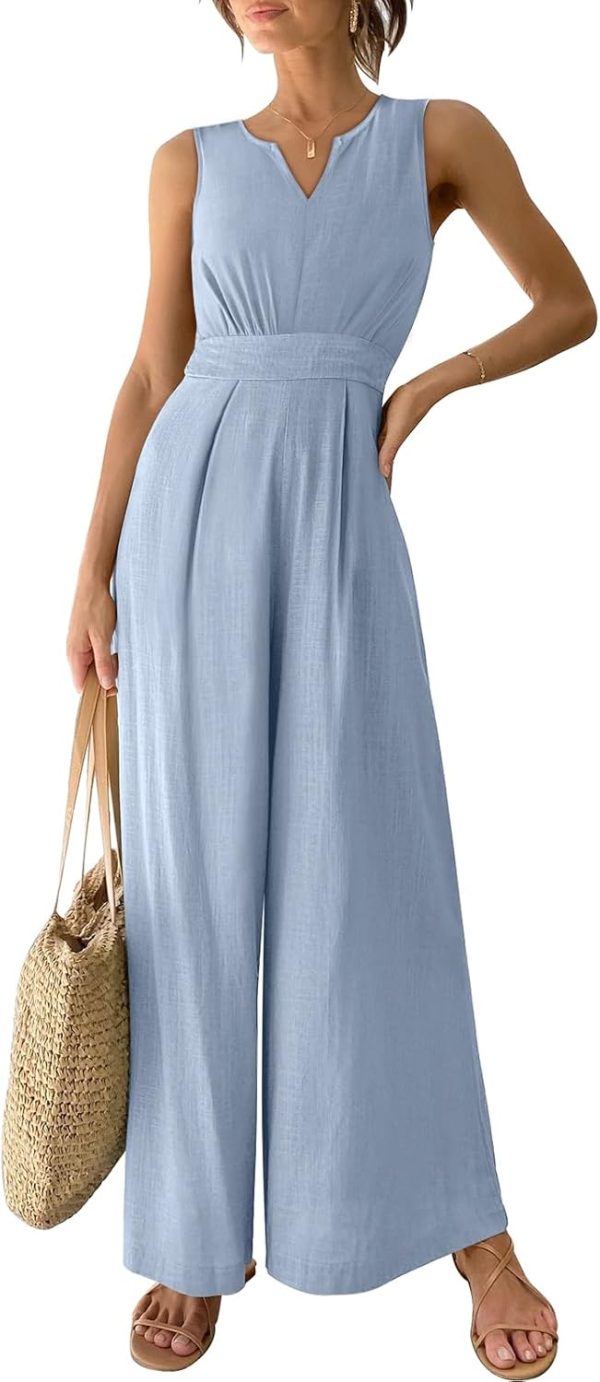 ANRABESS Jumpsuits for Women Summer Dressy Casual Linen Romper Sleeveless V Neck High Waist Wide Leg Beach Vacation Outfits - Image 9