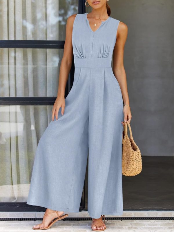ANRABESS Jumpsuits for Women Summer Dressy Casual Linen Romper Sleeveless V Neck High Waist Wide Leg Beach Vacation Outfits - Image 11