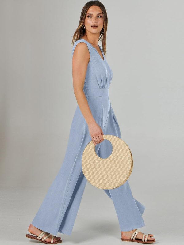 ANRABESS Jumpsuits for Women Summer Dressy Casual Linen Romper Sleeveless V Neck High Waist Wide Leg Beach Vacation Outfits - Image 13