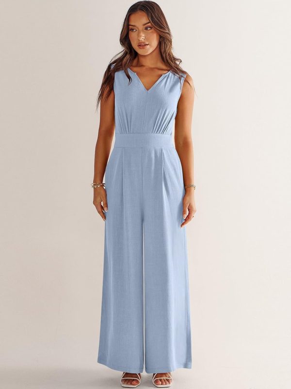 ANRABESS Jumpsuits for Women Summer Dressy Casual Linen Romper Sleeveless V Neck High Waist Wide Leg Beach Vacation Outfits - Image 15