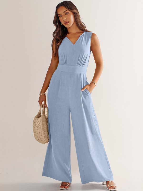 ANRABESS Jumpsuits for Women Summer Dressy Casual Linen Romper Sleeveless V Neck High Waist Wide Leg Beach Vacation Outfits - Image 16