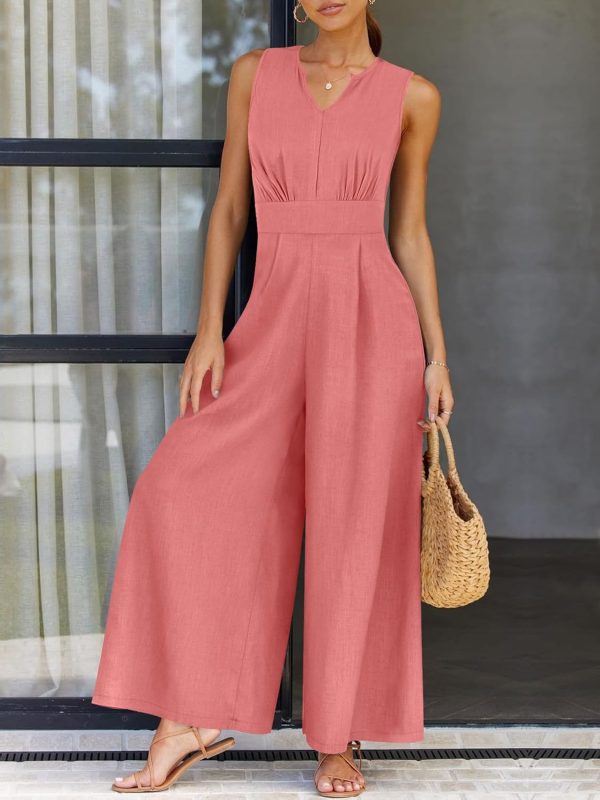 ANRABESS Jumpsuits for Women Summer Dressy Casual Linen Romper Sleeveless V Neck High Waist Wide Leg Beach Vacation Outfits - Image 19
