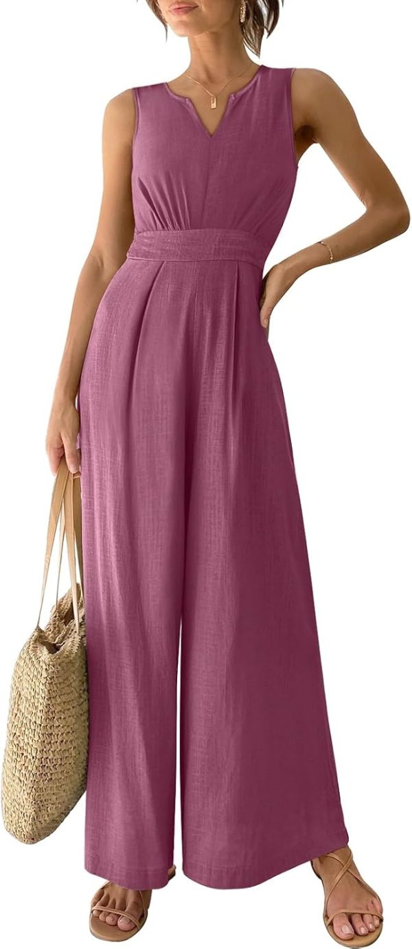 ANRABESS Jumpsuits for Women Summer Dressy Casual Linen Romper Sleeveless V Neck High Waist Wide Leg Beach Vacation Outfits - Image 25