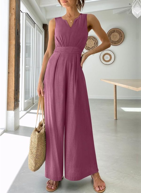 ANRABESS Jumpsuits for Women Summer Dressy Casual Linen Romper Sleeveless V Neck High Waist Wide Leg Beach Vacation Outfits - Image 26