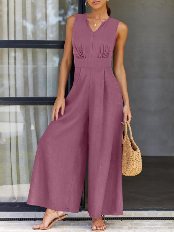 ANRABESS Jumpsuits for Women Summer Dressy Casual Linen Romper Sleeveless V Neck High Waist Wide Leg Beach Vacation Outfits - Image 27