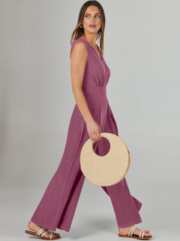 ANRABESS Jumpsuits for Women Summer Dressy Casual Linen Romper Sleeveless V Neck High Waist Wide Leg Beach Vacation Outfits - Image 29