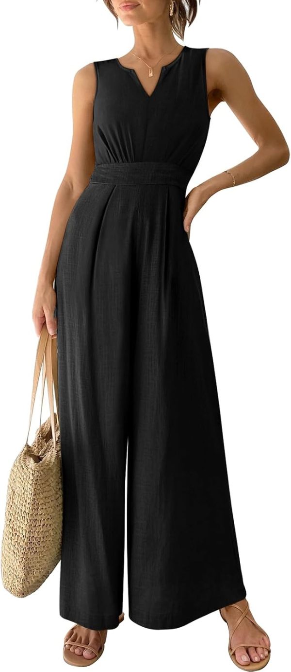 ANRABESS Jumpsuits for Women Summer Dressy Casual Linen Romper Sleeveless V Neck High Waist Wide Leg Beach Vacation Outfits - Image 33