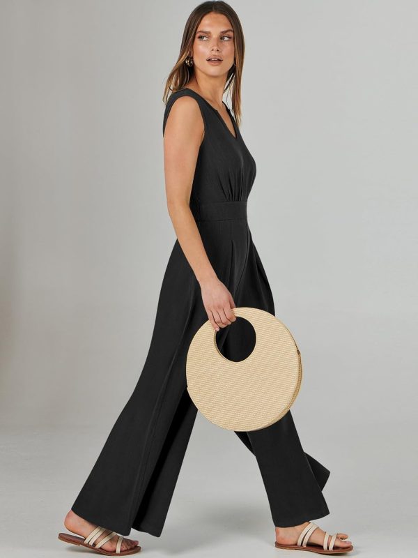 ANRABESS Jumpsuits for Women Summer Dressy Casual Linen Romper Sleeveless V Neck High Waist Wide Leg Beach Vacation Outfits - Image 37