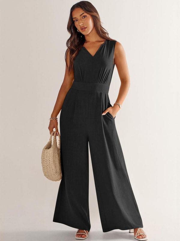 ANRABESS Jumpsuits for Women Summer Dressy Casual Linen Romper Sleeveless V Neck High Waist Wide Leg Beach Vacation Outfits - Image 39