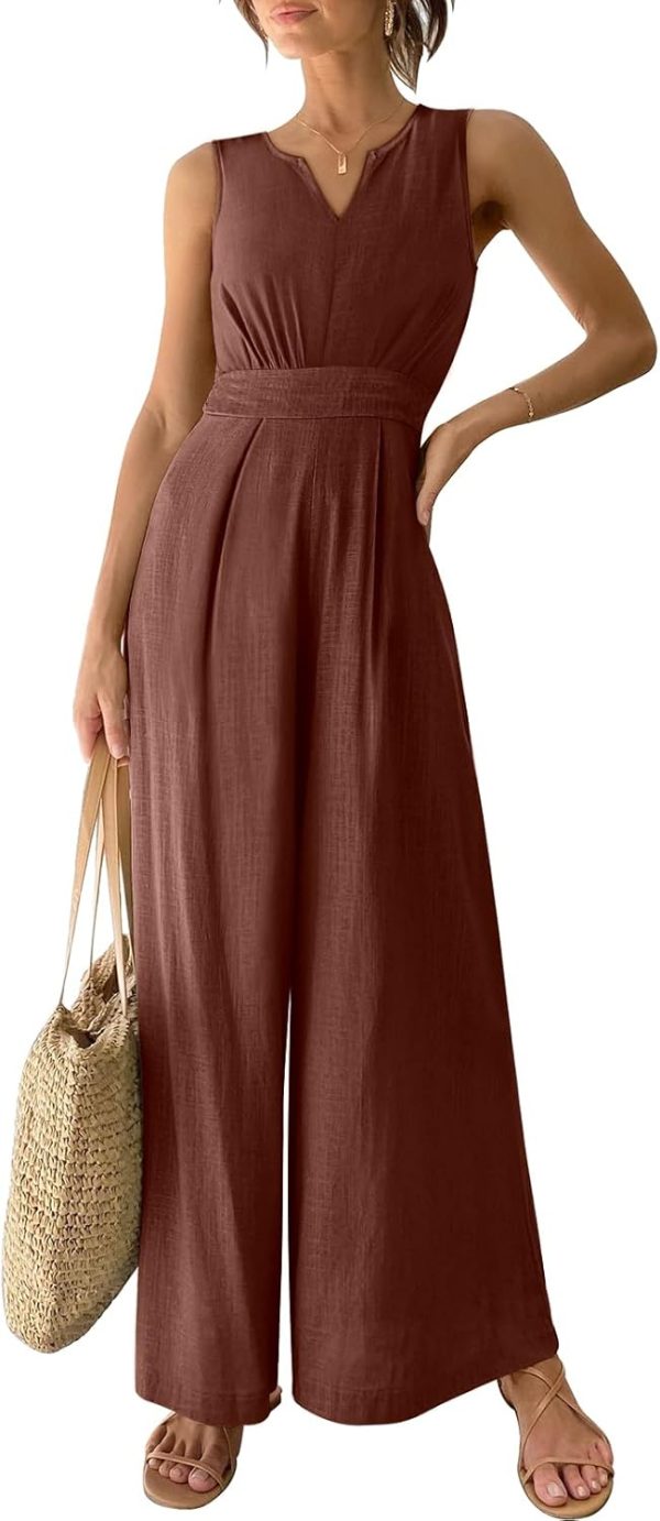 ANRABESS Jumpsuits for Women Summer Dressy Casual Linen Romper Sleeveless V Neck High Waist Wide Leg Beach Vacation Outfits - Image 41