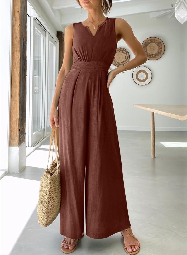 ANRABESS Jumpsuits for Women Summer Dressy Casual Linen Romper Sleeveless V Neck High Waist Wide Leg Beach Vacation Outfits - Image 42