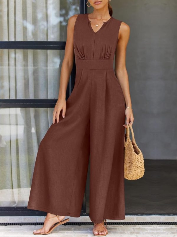 ANRABESS Jumpsuits for Women Summer Dressy Casual Linen Romper Sleeveless V Neck High Waist Wide Leg Beach Vacation Outfits - Image 43
