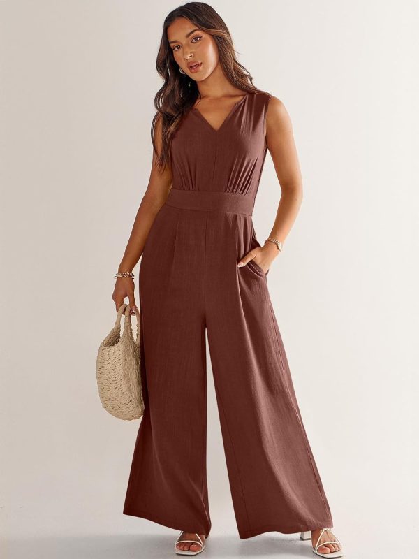 ANRABESS Jumpsuits for Women Summer Dressy Casual Linen Romper Sleeveless V Neck High Waist Wide Leg Beach Vacation Outfits - Image 48