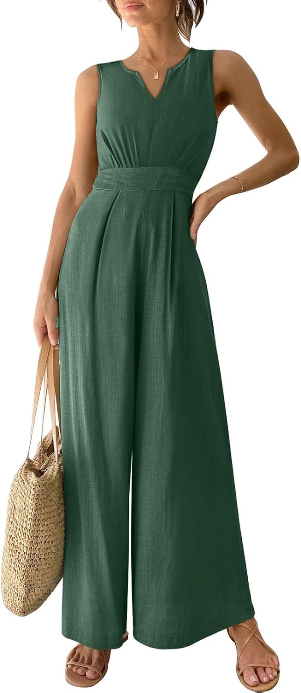 ANRABESS Jumpsuits for Women Summer Dressy Casual Linen Romper Sleeveless V Neck High Waist Wide Leg Beach Vacation Outfits - Image 49