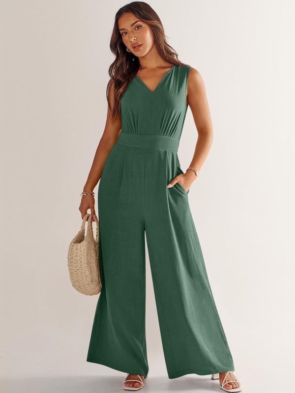 ANRABESS Jumpsuits for Women Summer Dressy Casual Linen Romper Sleeveless V Neck High Waist Wide Leg Beach Vacation Outfits - Image 56