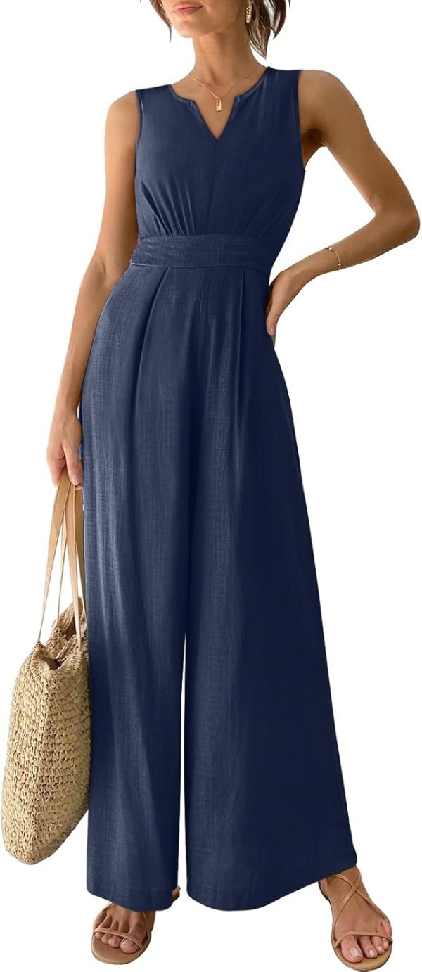 ANRABESS Jumpsuits for Women Summer Dressy Casual Linen Romper Sleeveless V Neck High Waist Wide Leg Beach Vacation Outfits - Image 57