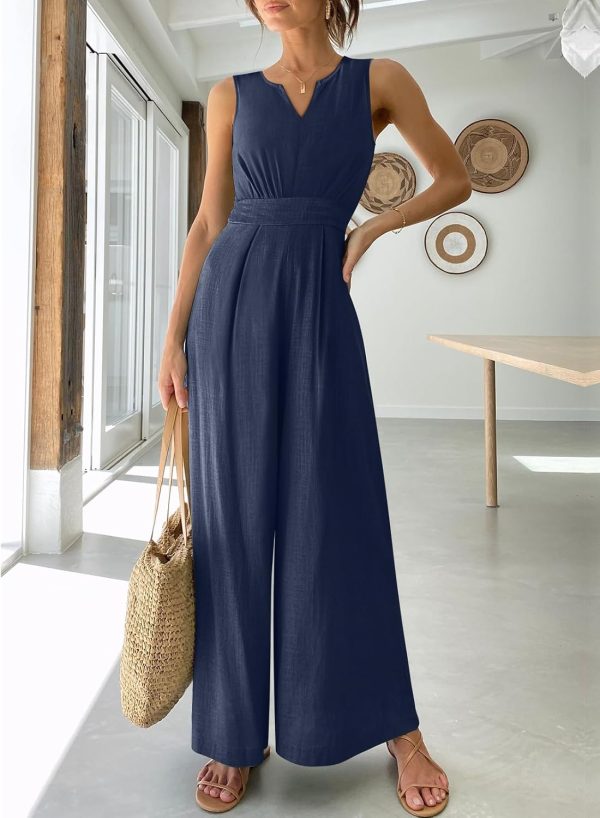 ANRABESS Jumpsuits for Women Summer Dressy Casual Linen Romper Sleeveless V Neck High Waist Wide Leg Beach Vacation Outfits - Image 58