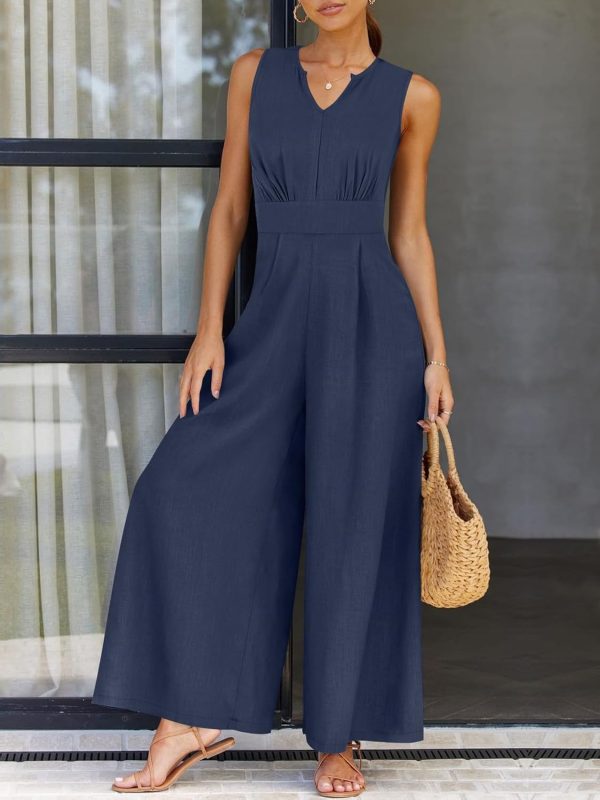 ANRABESS Jumpsuits for Women Summer Dressy Casual Linen Romper Sleeveless V Neck High Waist Wide Leg Beach Vacation Outfits - Image 59