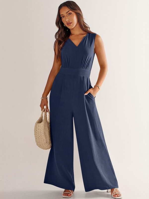 ANRABESS Jumpsuits for Women Summer Dressy Casual Linen Romper Sleeveless V Neck High Waist Wide Leg Beach Vacation Outfits - Image 64